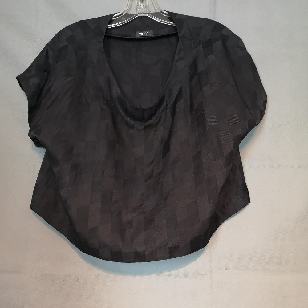 Y2k Vintage Minimal Black Silk Satin Checked Pattern Short Sleeved Cropped Top